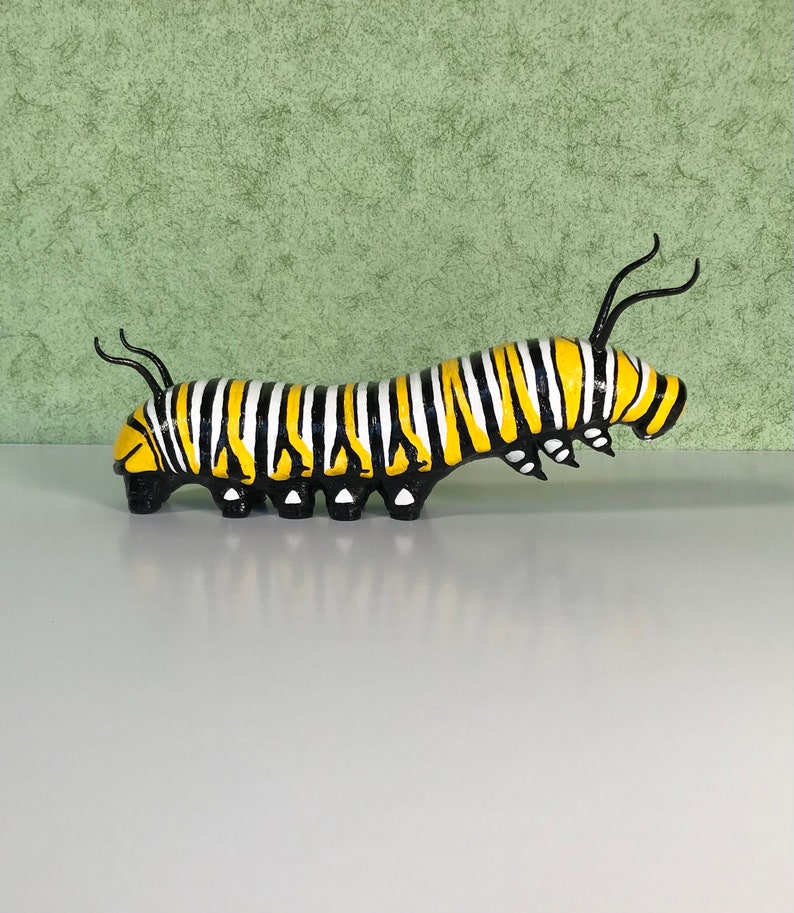8 inch Monarch Caterpillar Sculpture. Highly detailed and realistic. Hand crafted with wood, polymer clay, metal, painted with acrylics. image 4