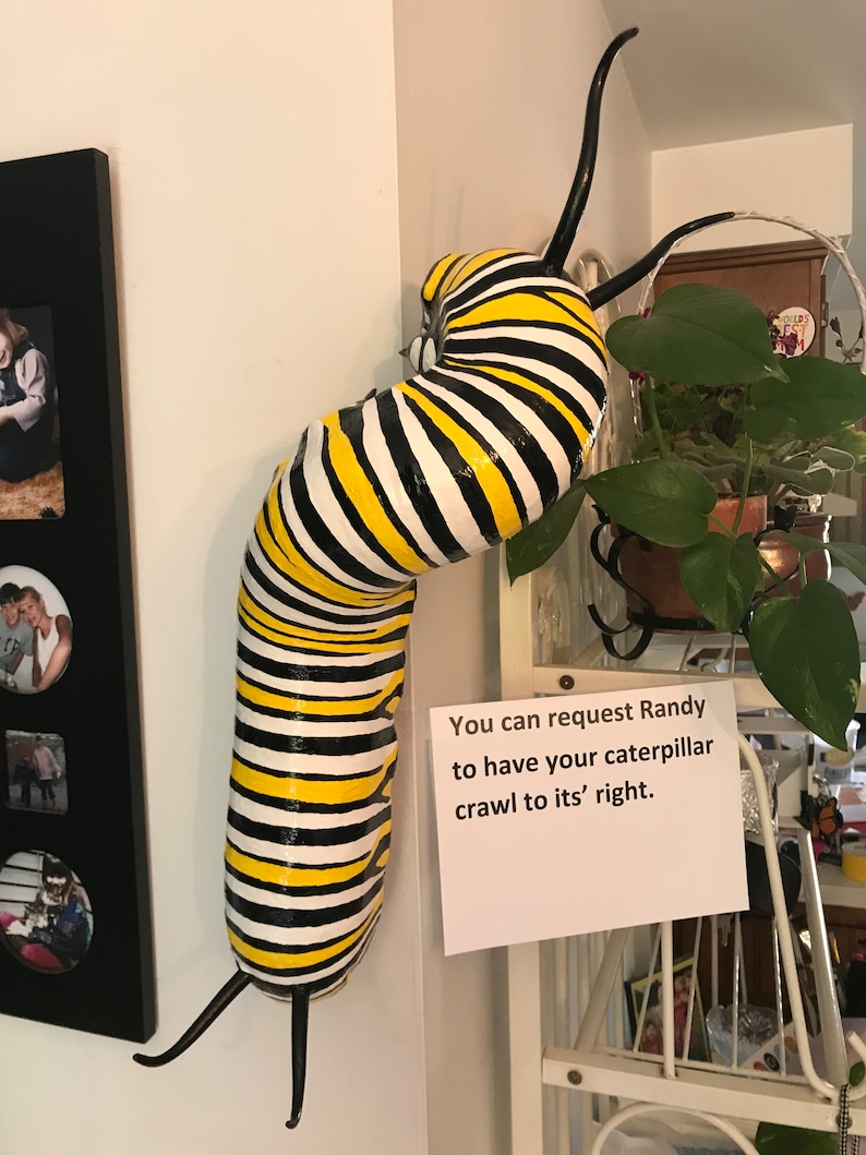 May include: A black, yellow, and white striped caterpillar sculpture hanging on a wall. The sculpture has two long black antennae and is curled up in a spiral shape. A white sign with black text reads "You can request Randy to have your caterpillar crawl to its' right."