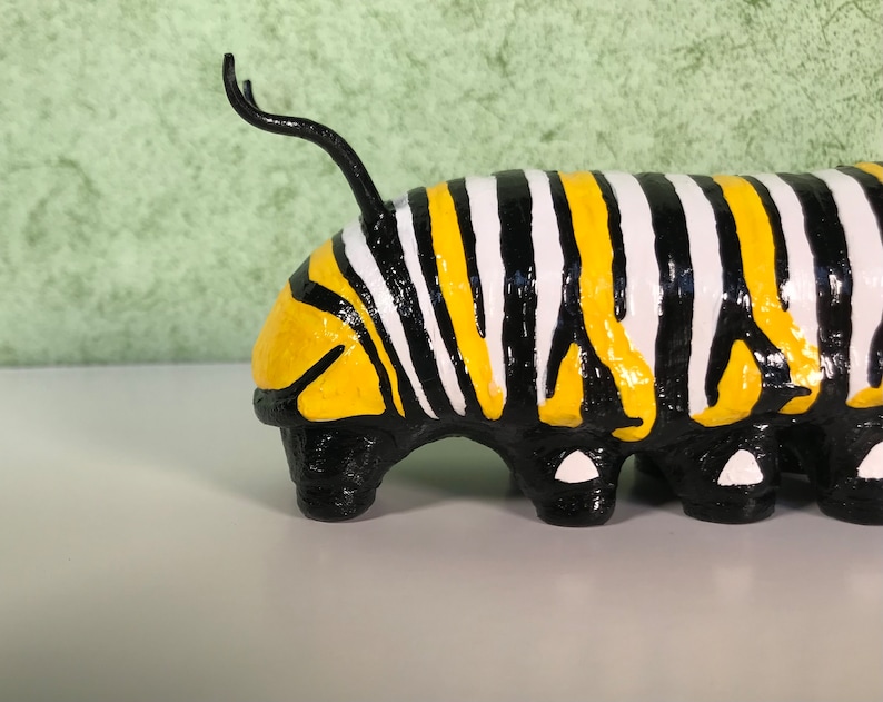 8 inch Monarch Caterpillar Sculpture. Highly detailed and realistic. Hand crafted with wood, polymer clay, metal, painted with acrylics. image 9