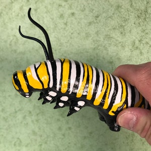 8 inch Monarch Caterpillar Sculpture. Highly detailed and realistic. Hand crafted with wood, polymer clay, metal, painted with acrylics. image 6