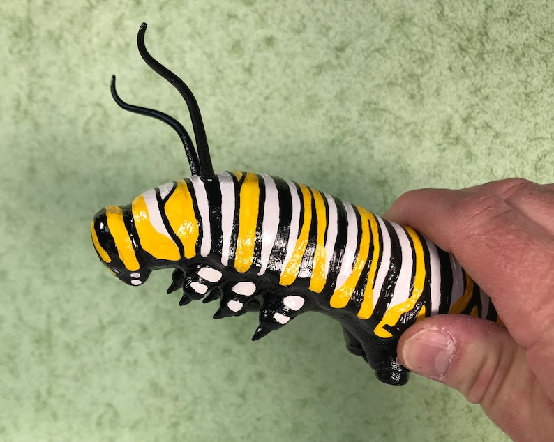 8 inch Monarch Caterpillar Sculpture. Highly detailed and realistic. Hand crafted with wood, polymer clay, metal, painted with acrylics. image 6