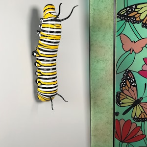 8 inch Monarch Caterpillar Sculpture. Highly detailed and realistic. Hand crafted with wood, polymer clay, metal, painted with acrylics. image 8