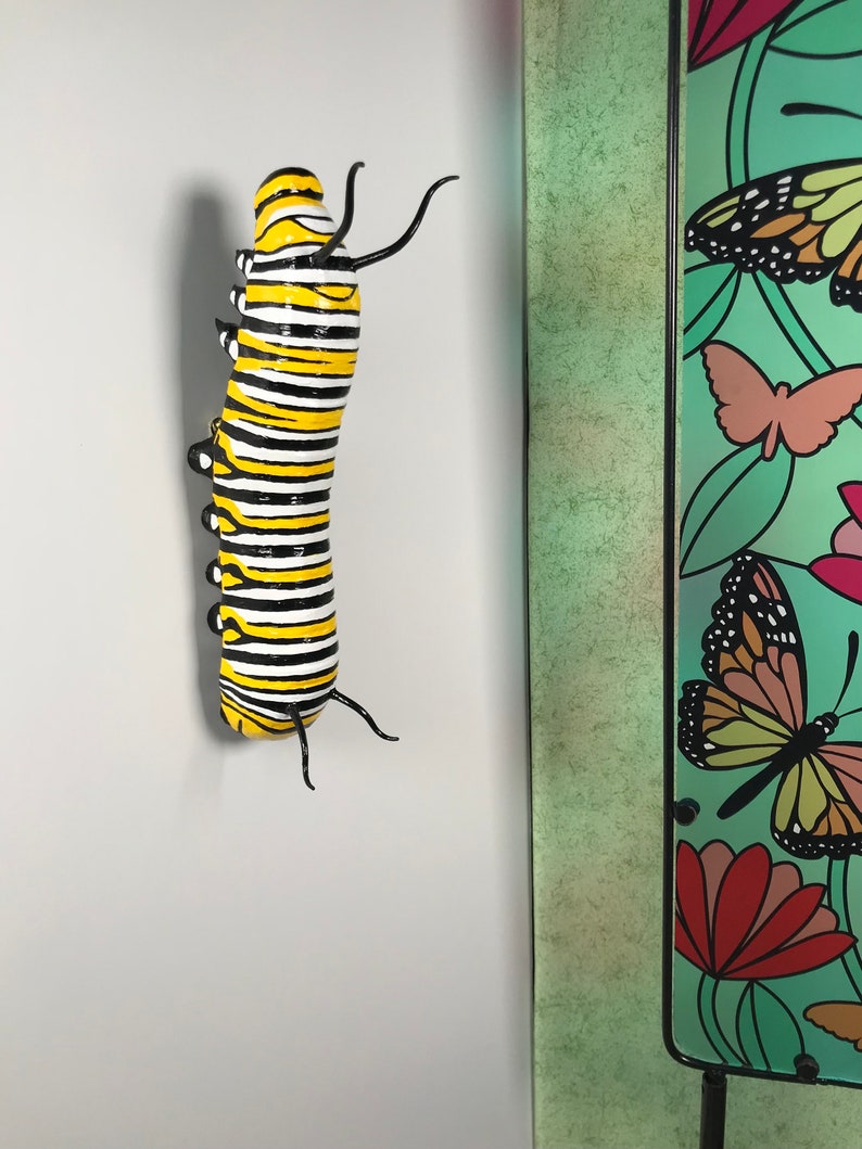 8 inch Monarch Caterpillar Sculpture. Highly detailed and realistic. Hand crafted with wood, polymer clay, metal, painted with acrylics. image 8