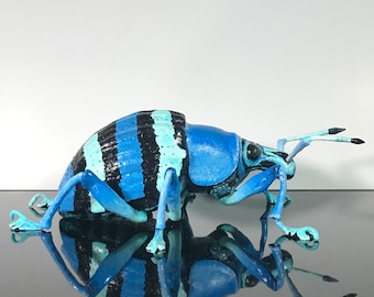 Eupholus Magnificus Weevil Sculpture, 18 inches long, highly realistic. Hand crafted out of wood, polymer clay and metal.