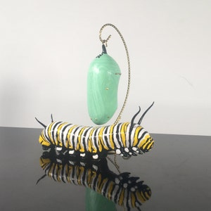 Set of Two- 8&quot; Caterpillar and 5 3/4&quot; Chrysalis with Stand, Hand crafted using Polymer Clay, Wood and Metal, Painted with Acrylics