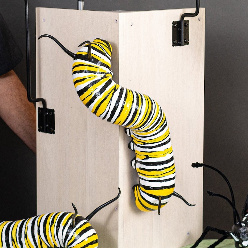 May include: A wooden box with a black and yellow monarch butterfly caterpillar crawling up the side. The caterpillar is painted with realistic details and is a decorative element for a home or office.