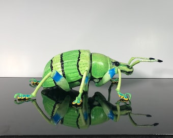 Eupholus Schoenerri Petiti Weevil Sculpture, Highly detailed and realistic, hand crafted out of wood, polymer clay and metal.