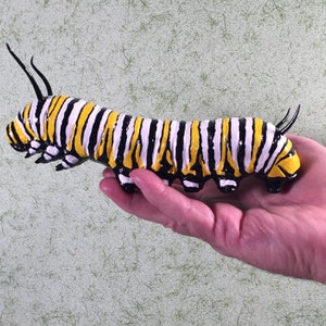 8 inch Monarch Caterpillar Sculpture. Highly detailed and realistic. Hand crafted with wood, polymer clay, metal, painted with acrylics. image 1