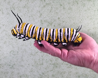 Handcrafted Monarch Caterpillar Sculpture: Realistic Acrylic Painted Figurine