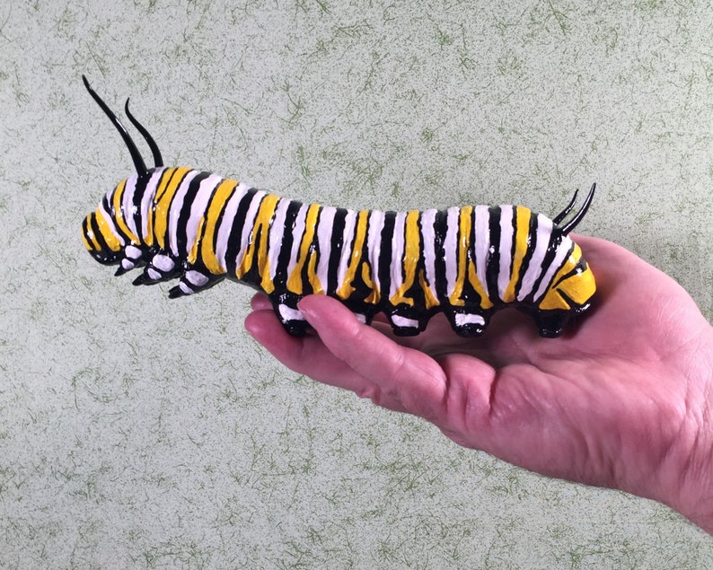 8 inch Monarch Caterpillar Sculpture. Highly detailed and realistic. Hand crafted with wood, polymer clay, metal, painted with acrylics. image 1