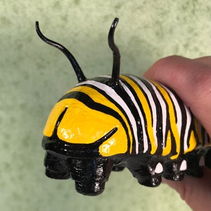 8 inch Monarch Caterpillar Sculpture. Highly detailed and realistic. Hand crafted with wood, polymer clay, metal, painted with acrylics. image 5