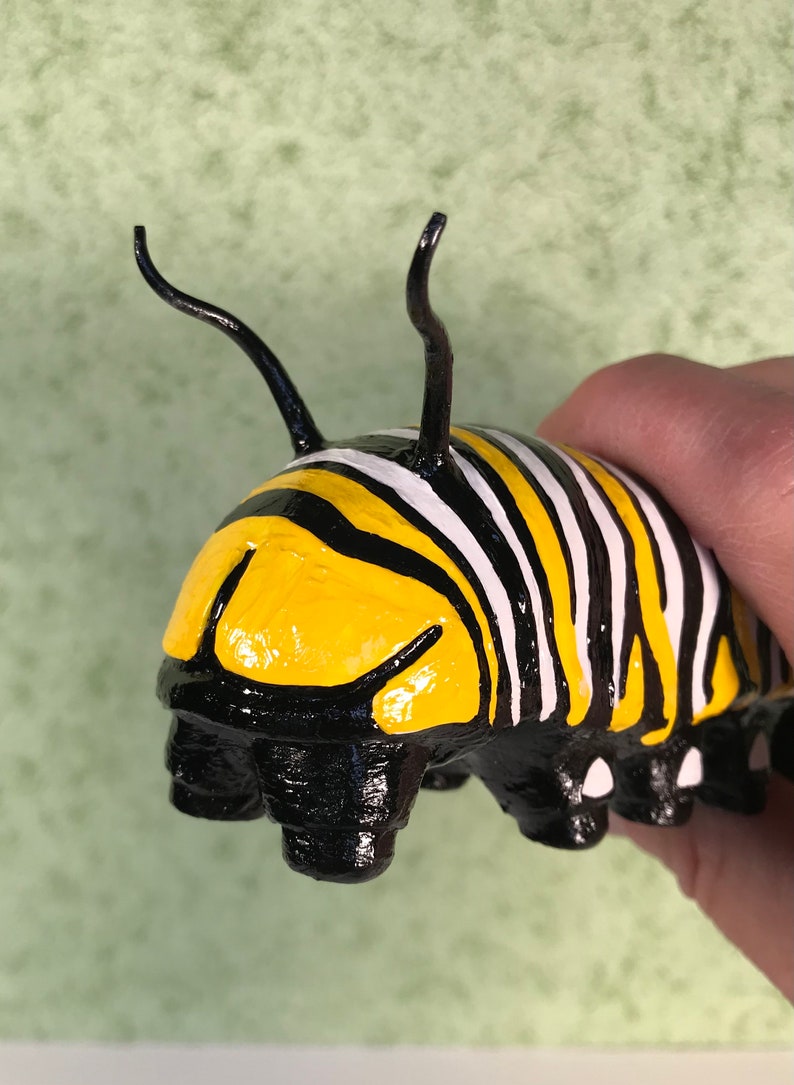 8 inch Monarch Caterpillar Sculpture. Highly detailed and realistic. Hand crafted with wood, polymer clay, metal, painted with acrylics. image 5