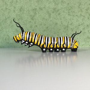 8 inch Monarch Caterpillar Sculpture. Highly detailed and realistic. Hand crafted with wood, polymer clay, metal, painted with acrylics. image 3