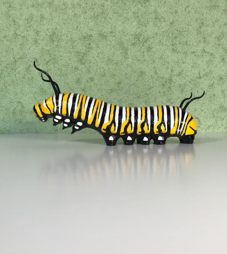 8 inch Monarch Caterpillar Sculpture. Highly detailed and realistic. Hand crafted with wood, polymer clay, metal, painted with acrylics. image 3