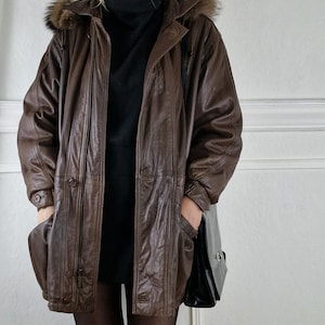 Vintage Leather jacket in brown with fur | 80s vintage Coat 90s jacket