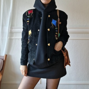 Vintage 1980s designer leather jacket | 1990s suede with satin applications