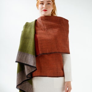 Wool Poncho Cape: Multifunctional Travel Wrap, Olive Green + Rust