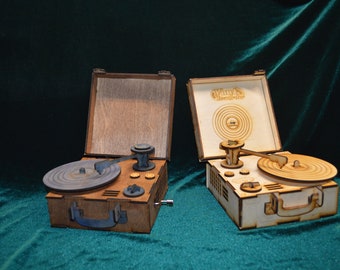 Wooden Large Record Player (Plain or Stained) with Music Crank