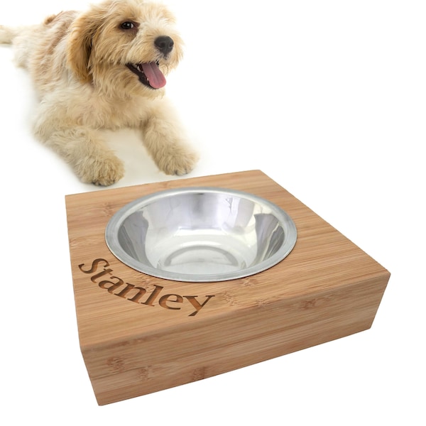 Personalised Bamboo Dog Feeder - Curved Engraved Name - Great Gift - Dog Bowl - Cat Bowl