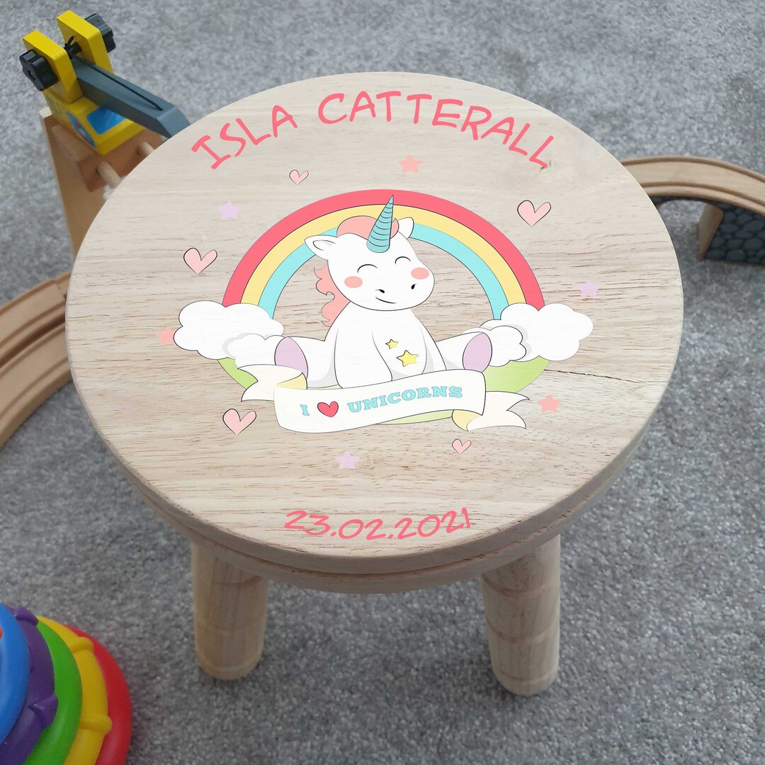 Wooden Kids Engraved Stool Personalised Unicorn Design Etsy UK