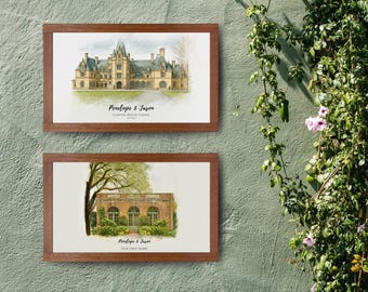 Hochzeitsort Print, Hochzeitsgeschenk, 1st Hochzeitstag Geschenk, Ort Skizze, Gemälde vom Foto, personalisierte Zeichnung, Paar Geschenk
