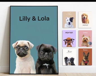 Op de afbeelding: Een turquoise blauwe canvas print met de tekst "Lilly & Lola" bovenaan. Twee mopshonden, een lichtbruin en een zwart, zijn afgebeeld in het midden van de print. De mopshonden kijken naar de kijker.