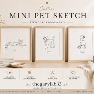 Puede incluir: Tres bocetos de mascotas en blanco y negro enmarcados que muestran un gato llamado Milo, un perro llamado Charlie y un perro llamado Bentley. El texto dice Custom MINI PET SKETCH, thegarylab33, e incluye iconos de entrega digital y dibujo.