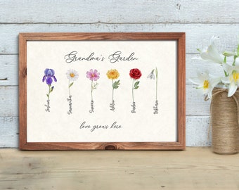Grandma's Garden Birth Flower Printable, Personalized Gift for Grandma, Family Birth Flower Bouquet, Mother's Day Gift, With Grandkids Names