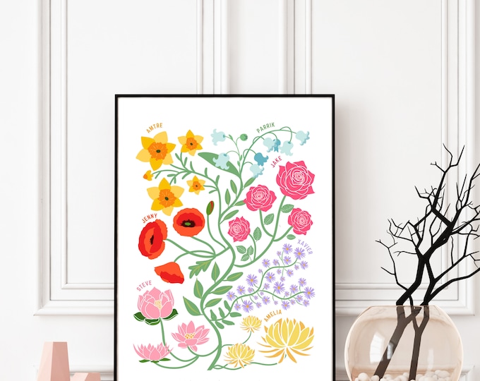CUSTOM Family Birth Flower Bouquet | hand drawn birth-flower Digital Illustration | Personalised Gift | Grand Mother gift  | Family Portrait