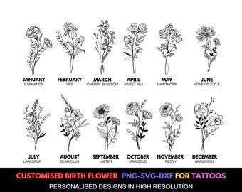 Custom Tattoo Commission, Flower Name Tattoo Design, Floral Tattoo Design, Digital Download, Flower SVG, Custom Name Flower Bouquet