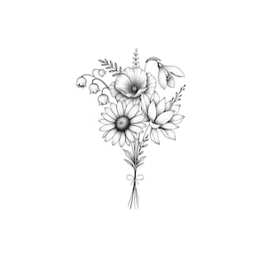 Buquê de flores de nascimento personalizado, design de tatuagem de mês de nascimento em família, até 10 flores, impressão de buquê de flores, design de tatuagem floral para download digital