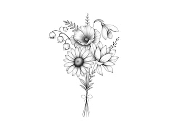 Custom Birth Flower Bouquet, Family Birth Month Tattoo Design, Up to 10 Flowers, Flower Bouquet Print Floral Tattoo Design Digital Download