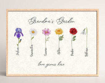 Grandma's Garden Birth Flower Printable, Personalized Gift for Grandma, Family Birth Flower Bouquet, Mother's Day Gift, With Grandkids Names