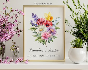 Geboorte bloemboeket gepersonaliseerd cadeau op maat afdrukbaar cadeau gepersonaliseerd tuin Moederdag cadeau voor oma geboortemaand bloem digitaal