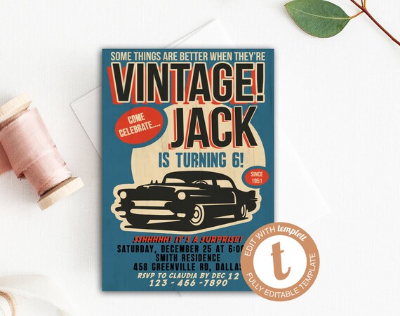 Vintage Classic Car Invitation Retro Car Birthday Invitation Etsy