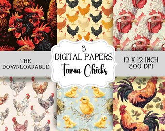 Digital Paper Scrapbook Junk Journal Rustic Farmhouse Chicken Pattern Instant Download Collage 22 Files