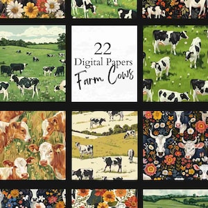 Digital Paper Scrapbook Junk Journal Rustic Farmhouse Cows Pattern Instant Download Collage 22 Files Notebook Stationary Scrapbook Barnyard