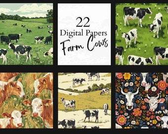 Farmhouse Cow Digital Paper, Rustic Scrapbook Patterns (22 Files)