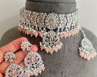 Silver Peach Polki Style Jewelry Set: Imitation Indian Jewellery