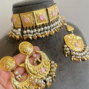 Gold Tone Punjabi Jadau Jewellery Set: Earrings (10cm Drop) zdjęcie 3
