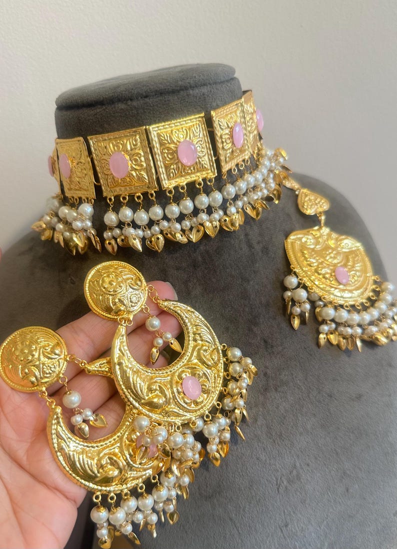 Gold Tone Punjabi Jadau Jewellery Set: Earrings (10cm Drop) zdjęcie 3