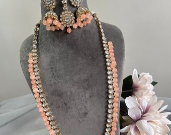 Gg Beautiful Imitation Manka Kundan Stone Beads Long Necklace Set With Jhumka Earrings Tikka in Mehndi and Peach