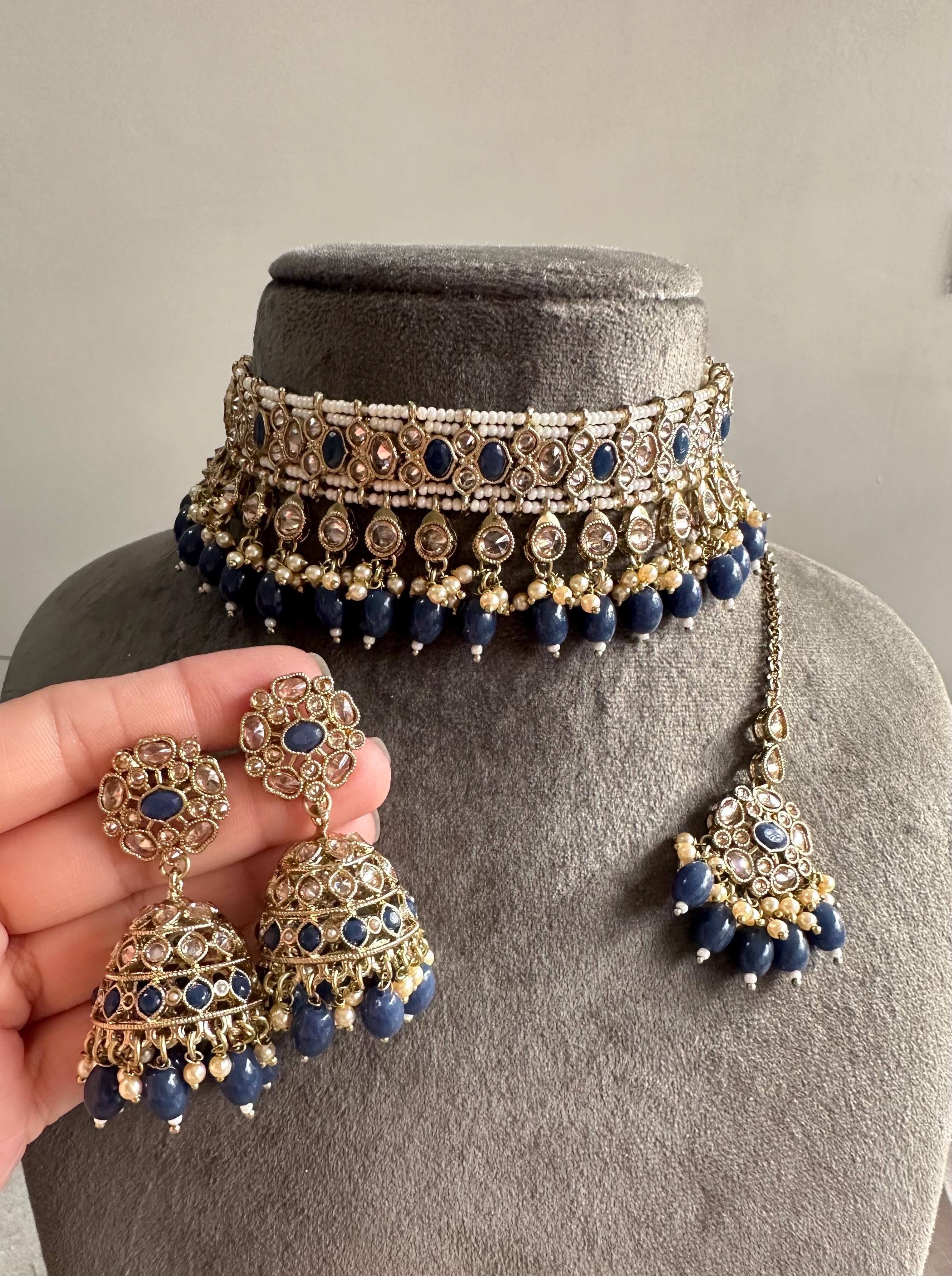 Gg Beautiful Imitation Polki Navy Blue Jewellery Set9 Etsy Australia
