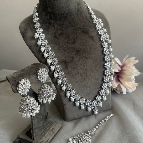 Gg Beautiful Imitation Long Silver Necklace Polki Rani Haar With Jhumka Earrings Tikka(1230)