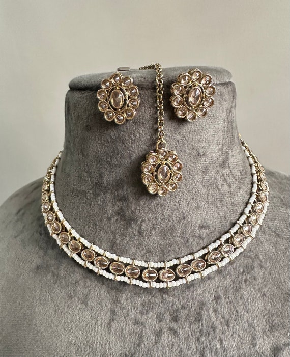 Set Collana E Orecchini Stringa In Polki Con Zirconi - Gioielli Indiani Di Alta Qualità - Argento/Oro - Foto 3