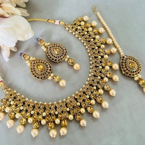 Gg Beautiful Dainty Rhinestones Imitation Beads Antique Gold Jewelry Set