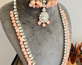 Peach Kundan Stone Long Necklace Set: Jhumka Earrings Tikka