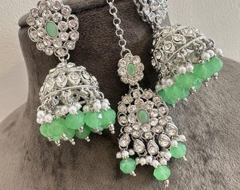 Silver Earring Tikka Set: Australian Stone Beads, Indian Jewelry