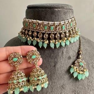 Green Polki Stone Imitation Jewelry Set: Jhumka Earrings
