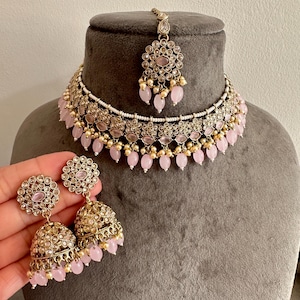 Gg Beautiful Pink Imitation Reverse AD Polki Stones Beads Jewellery Set (26)